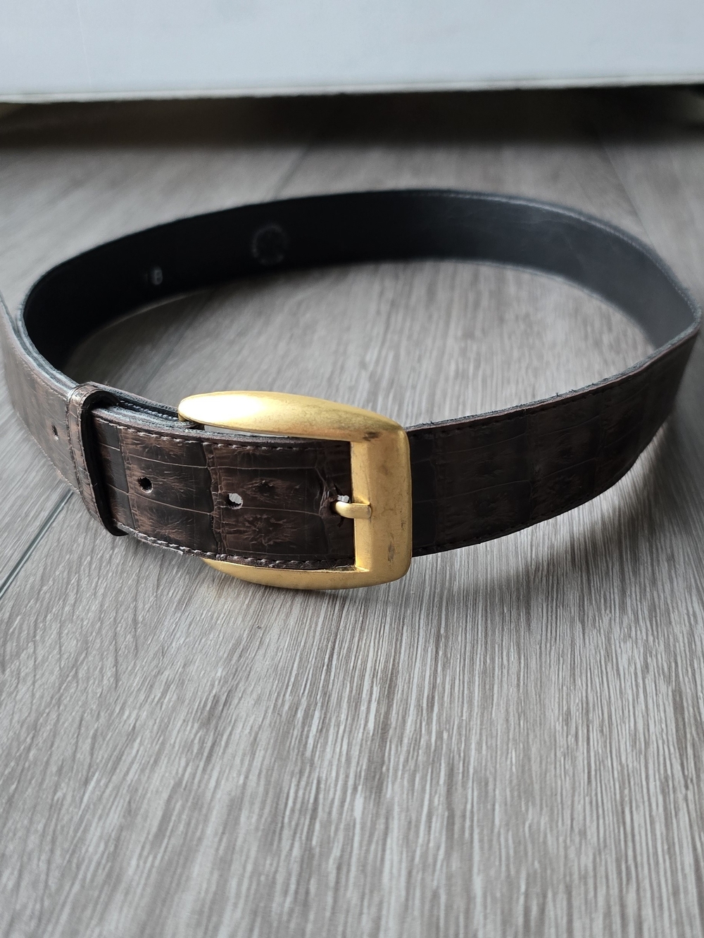 Genuine Leather Crocodile Embossed Belt Gold Buckle Hand Crafted USA Size Small